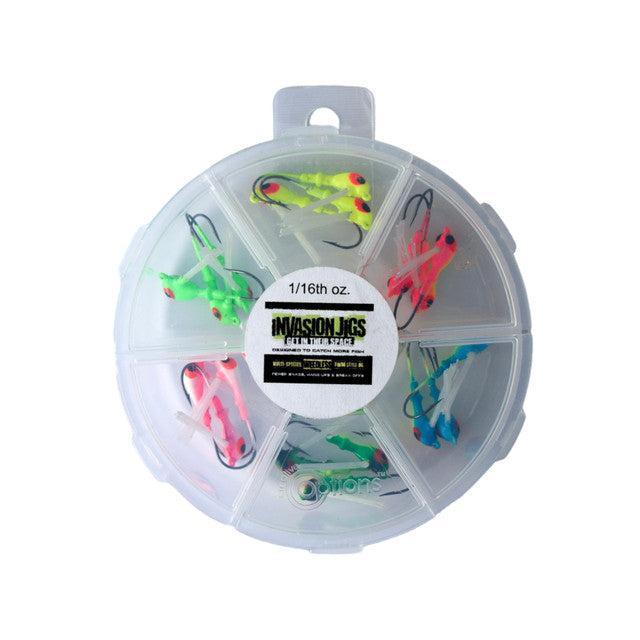 Invasion Tackle 1/16th & 1/8th Ounce Weedless Jigs 18 Piece Pocket Packs