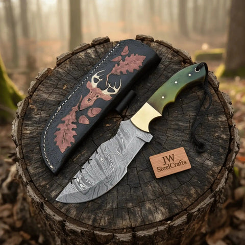 Damascus Steel Hunting Knife – Multiple Handle Colors | JW SteelCrafts