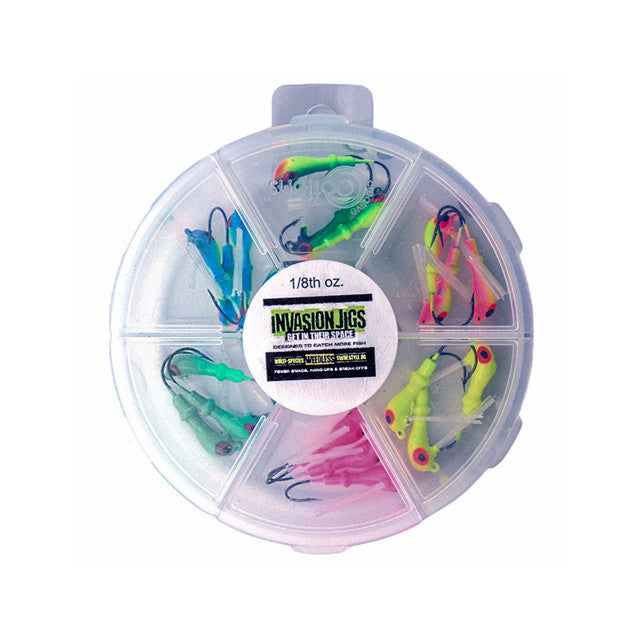 Invasion Tackle 1/16th & 1/8th Ounce Weedless Jigs 18 Piece Pocket Packs