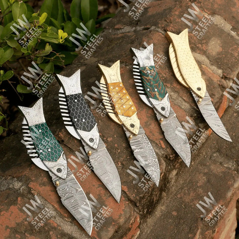 Hand Forged Damascus Steel Folding Knife – Honeycomb, Pinecone & Brass Handle Variations