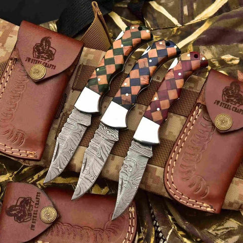 Handmade Damascus Folding Knife – Checker Pattern Wood Handle (Red, Green, Blue) with Leather Sheath