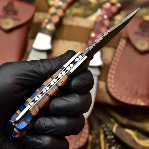 Handmade Damascus Folding Knife – Checker Pattern Wood Handle (Red, Green, Blue) with Leather Sheath