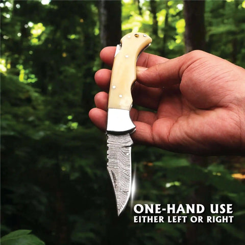 Handmade Damascus Steel Folding Knife – Camel Bone Handle (5 Handle Options)