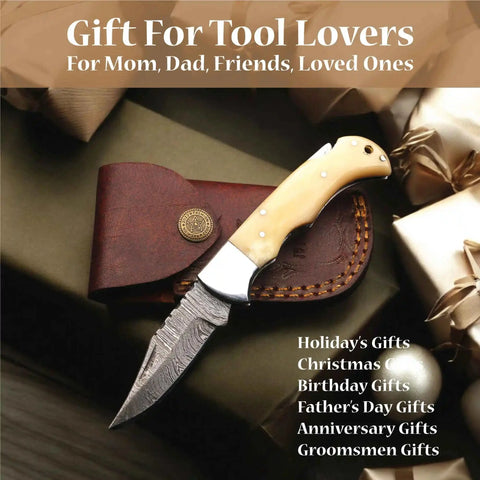 Handmade Damascus Steel Folding Knife – Camel Bone Handle (5 Handle Options)